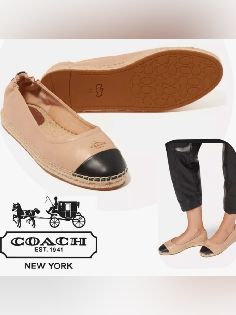 COACH Camryn Beige Black Leather Espadrille Slip On Loafers Size 7 - Picture 2 of 16